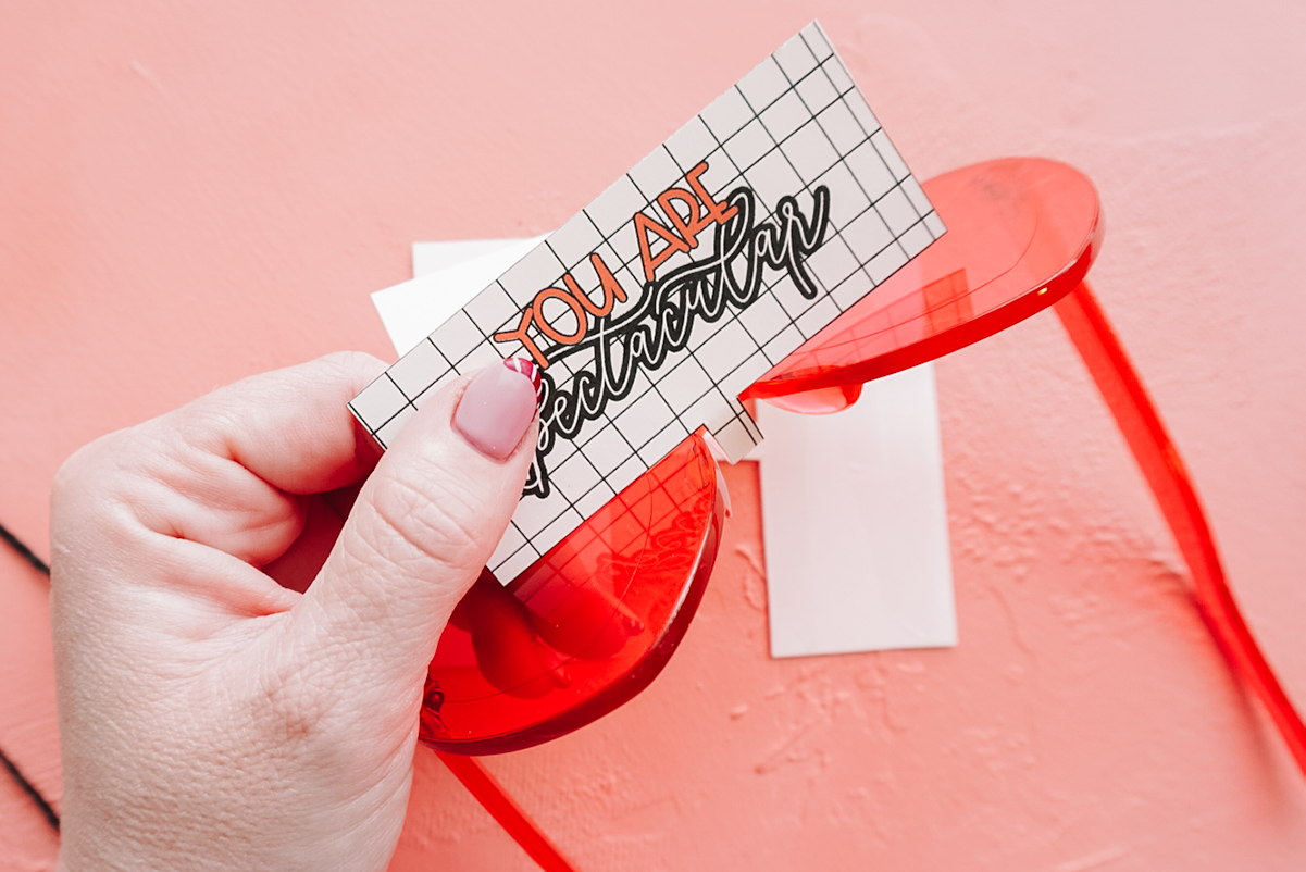 attaching paper to valentine glasses